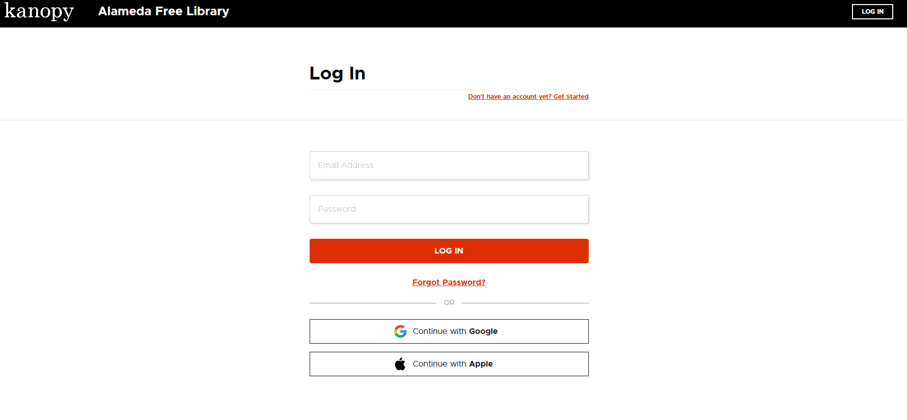 Kanopy log in page for Alameda Free Library with fields for email and password, options to log in with Google or Apple, and a link to create an account.