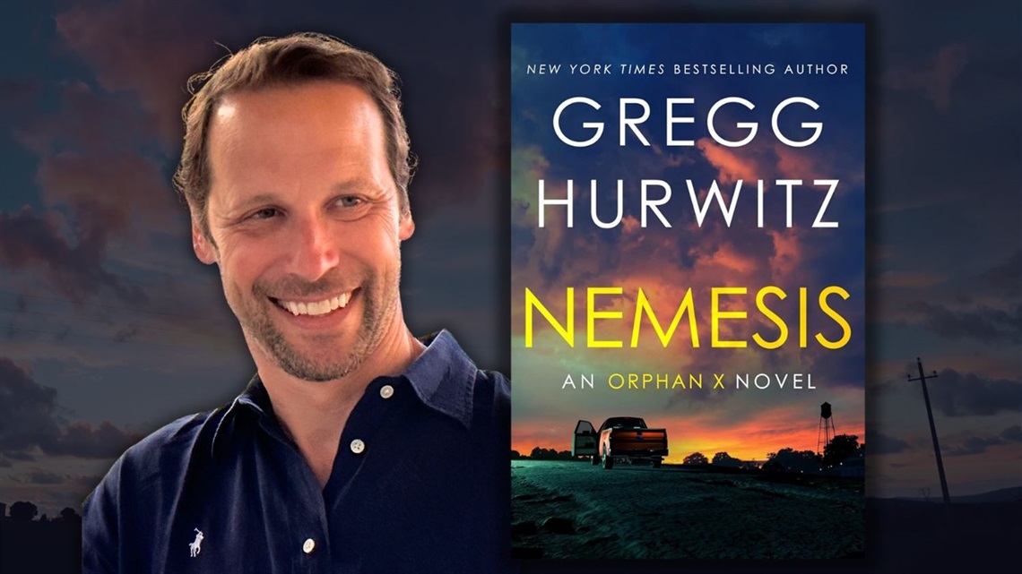 Picture of Author Gregg Hurwitz against a picture of a cloudy sunset sky next to the cover of the book Nemesis, which has a pickup truck and water tower against the sunset backdrop.