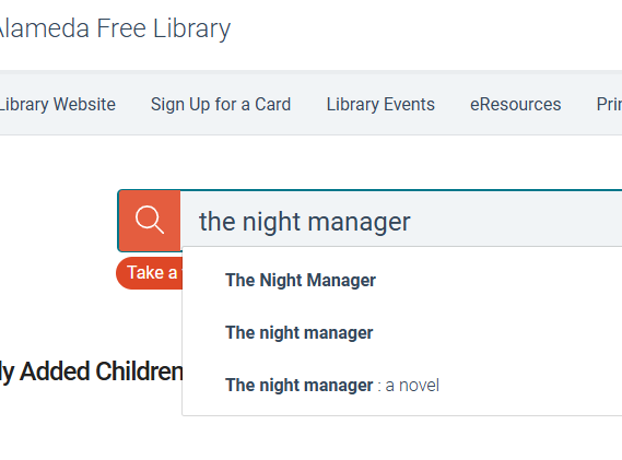 Search bar on the Alameda Free Library site shows suggestions for 